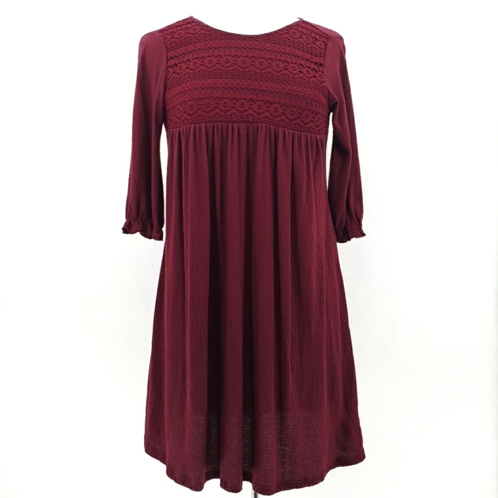 Old Navy Girls Tunic Dress Size Large Maroon 3/4 Sleeve‎ Embroidered Pleated
